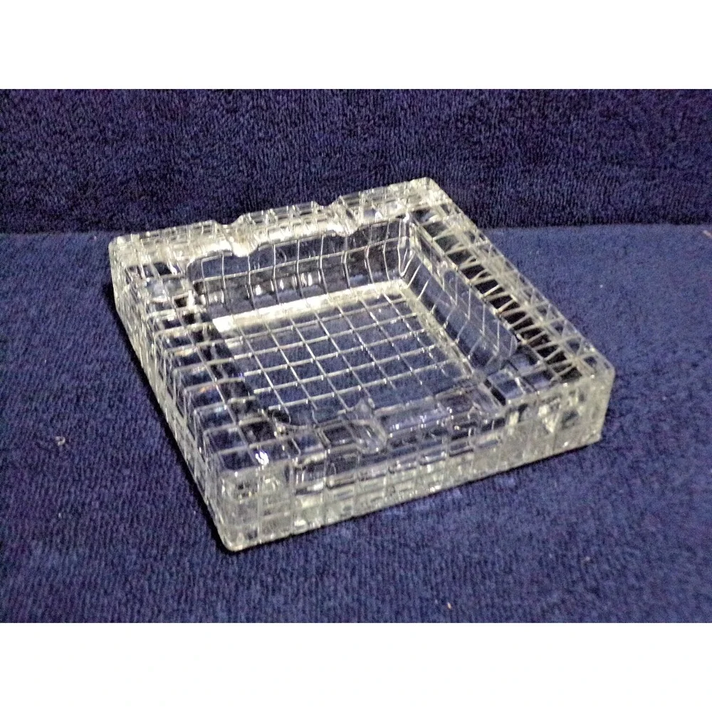 Art Deco Heavy Crystal Glass Square Checkered or Gridded Pattern Ashtray 5 3/4